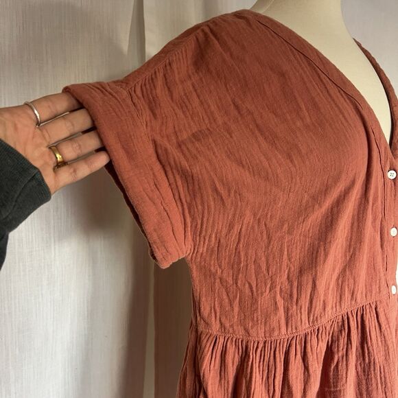 Madewell Lightspun Cuff Sleeve Button Front Tiered Dress Orange V Neck Medium - Picture 7 of 14